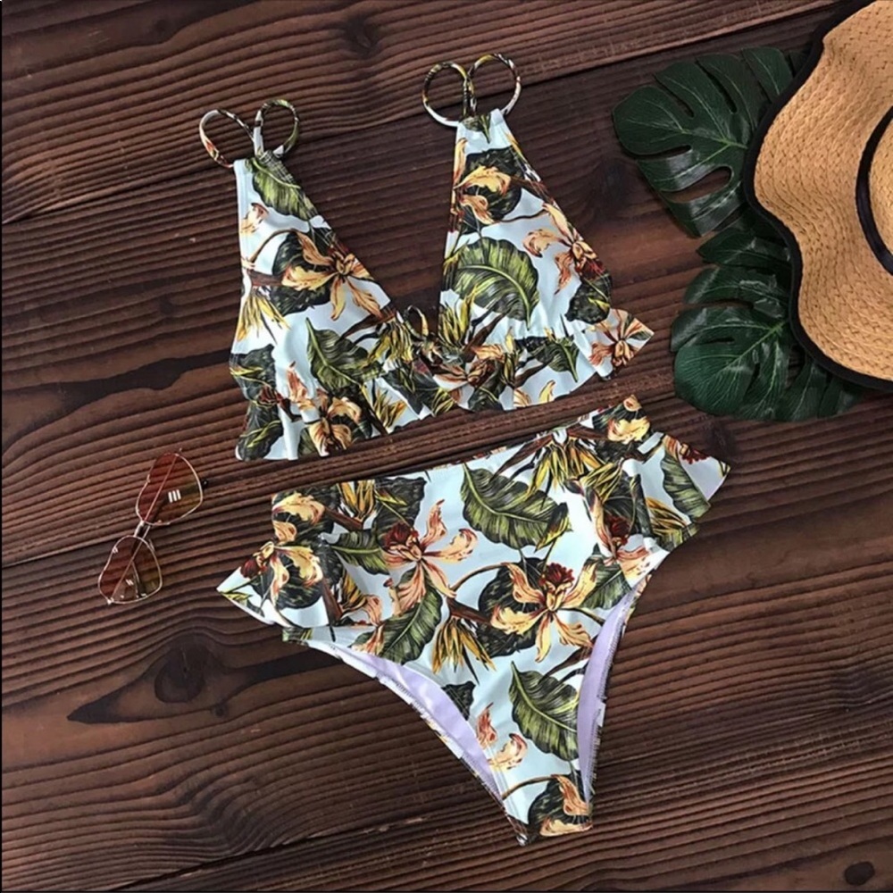 FLORAL PALM LEAF HIGH WAISTED BIKINI - Picture 3 of 4